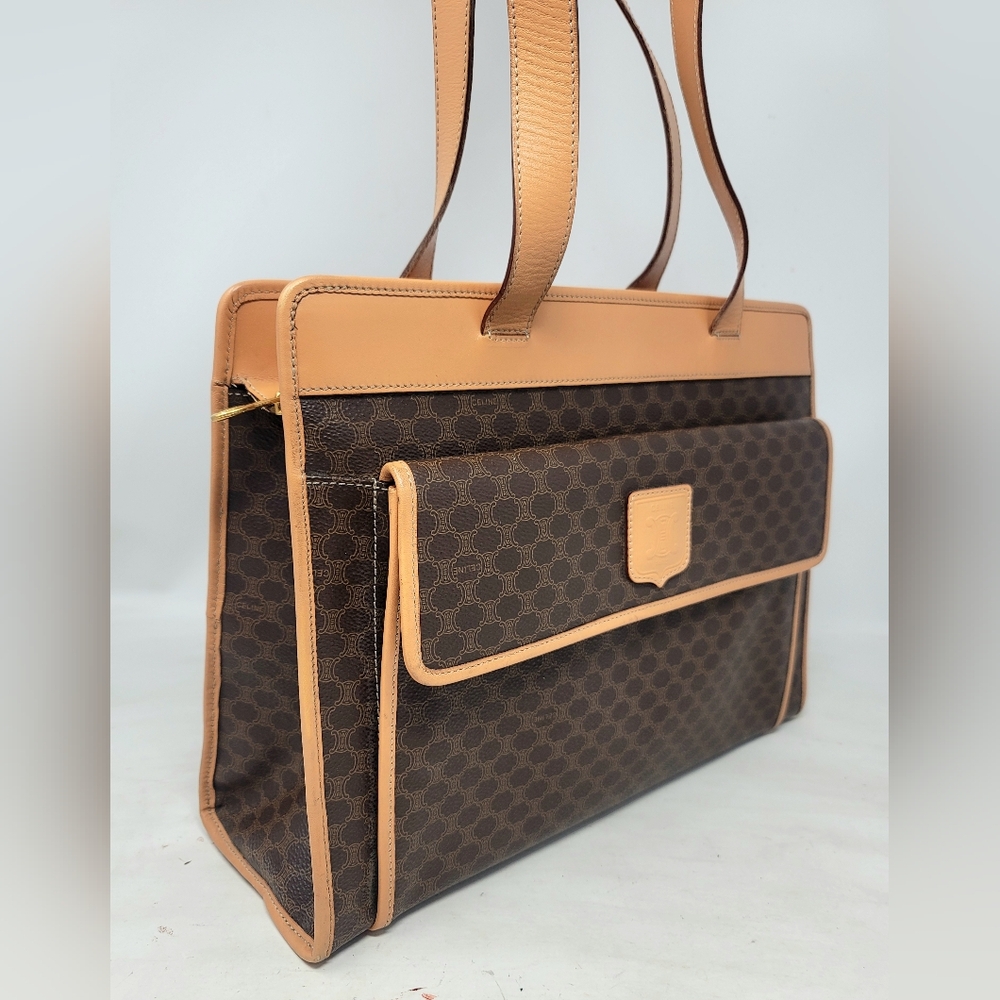 Celine Triomphe Brown Canvas Leather Large Shoulder Hand Bag Authentic Vintage